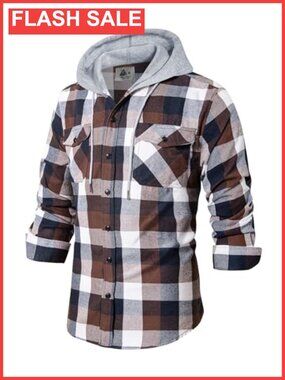Men's Plaid Flannel Hoodie Button Down Western Shirt Long Sleeve
